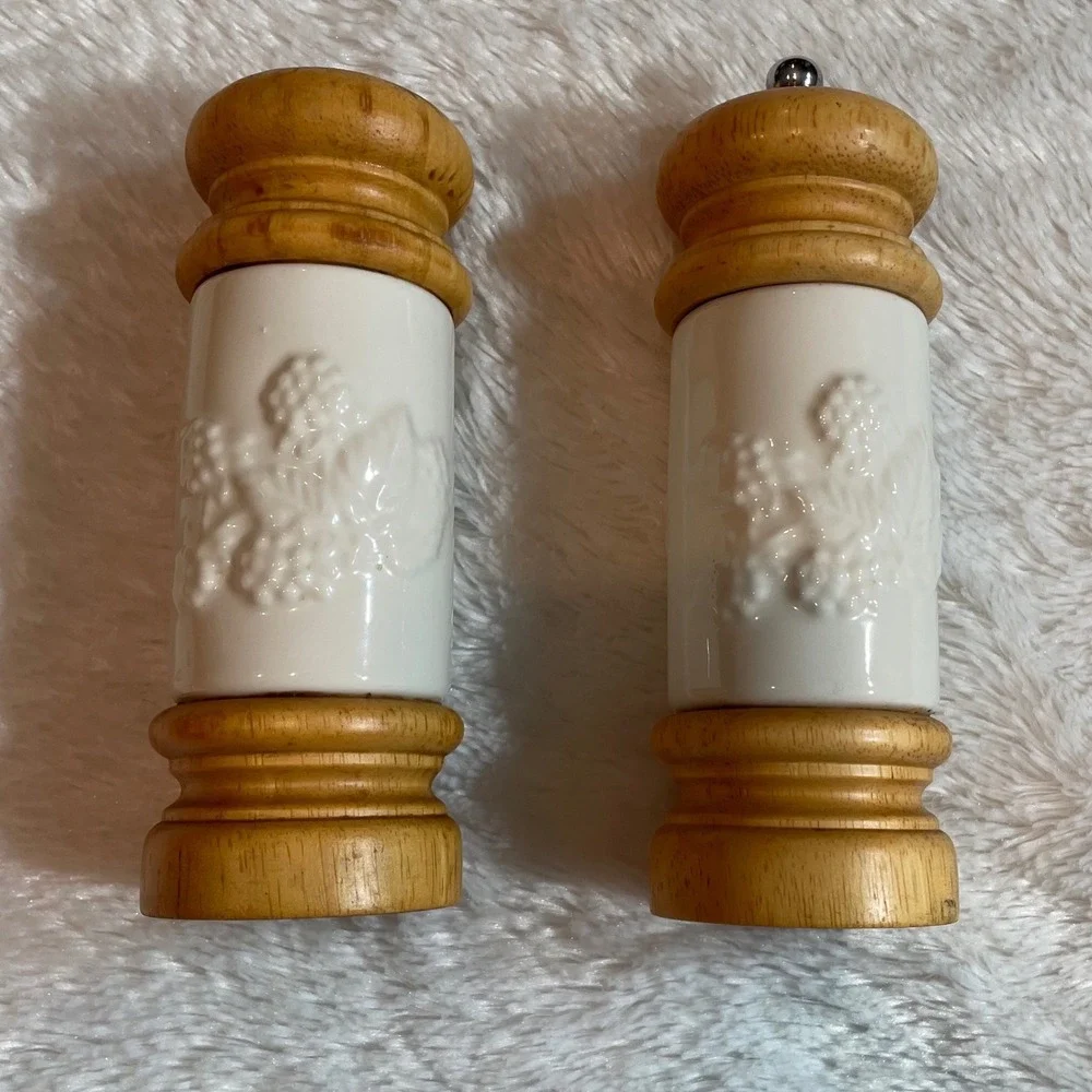 Mr. Dudley Ceramic Wood Salt Shaker and Pepper Mill Set Grape Motif Cottagecore